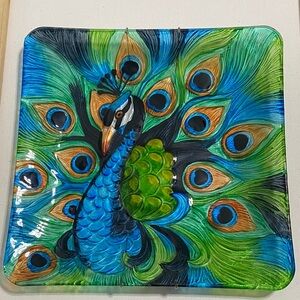 Vibrant Peacock Glass Art Plate with Hanger